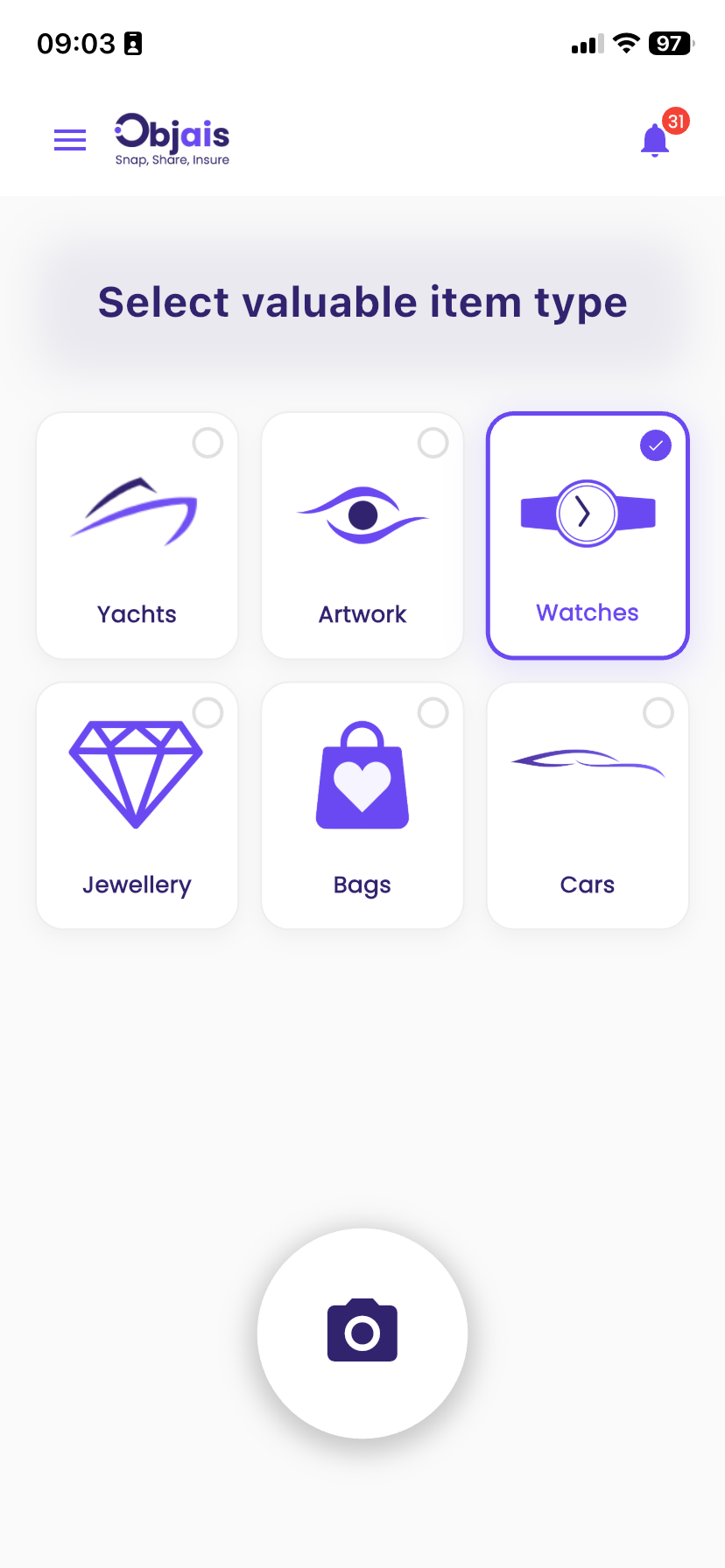 Select valuable item type β Artwork, Yacht, Watch, Jewellery