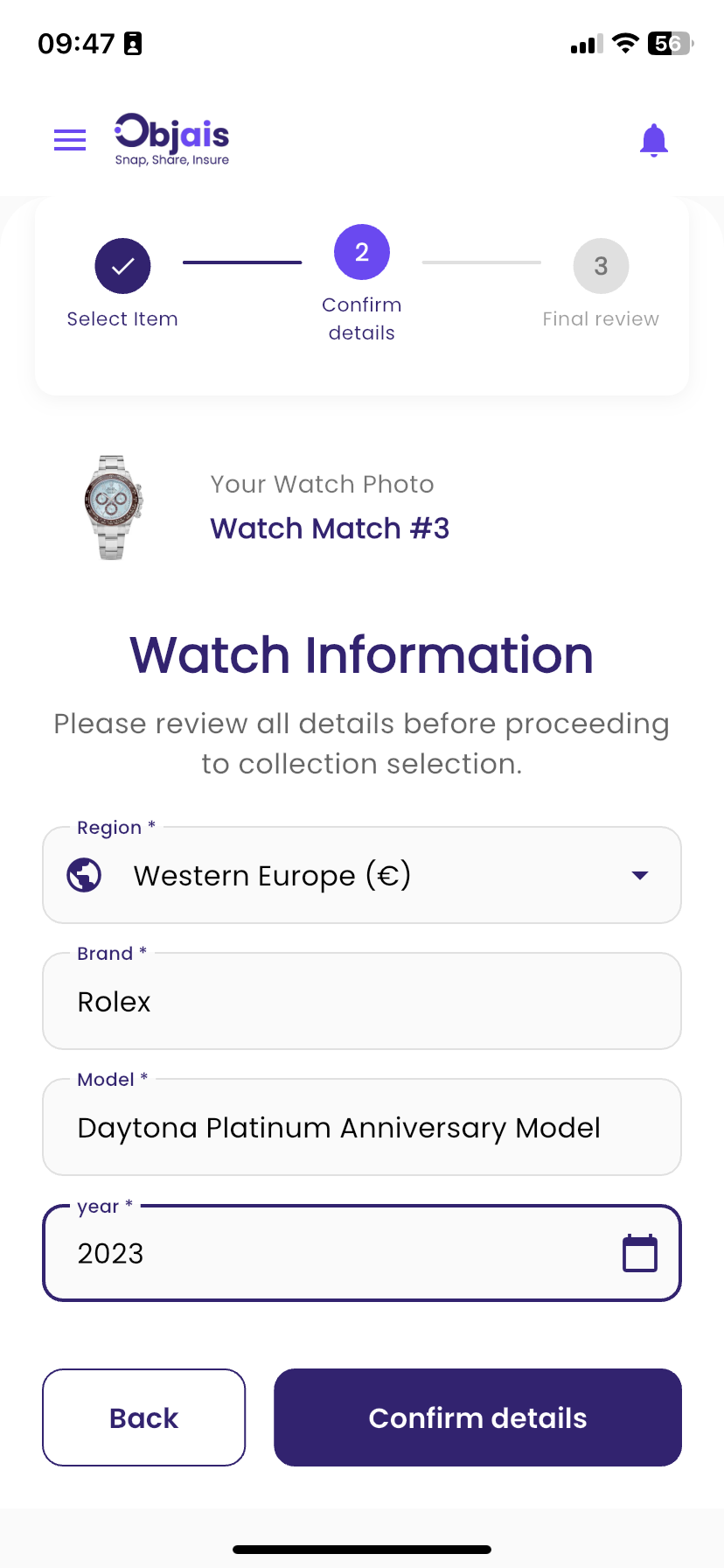 Confirm item details β region, brand, model, year